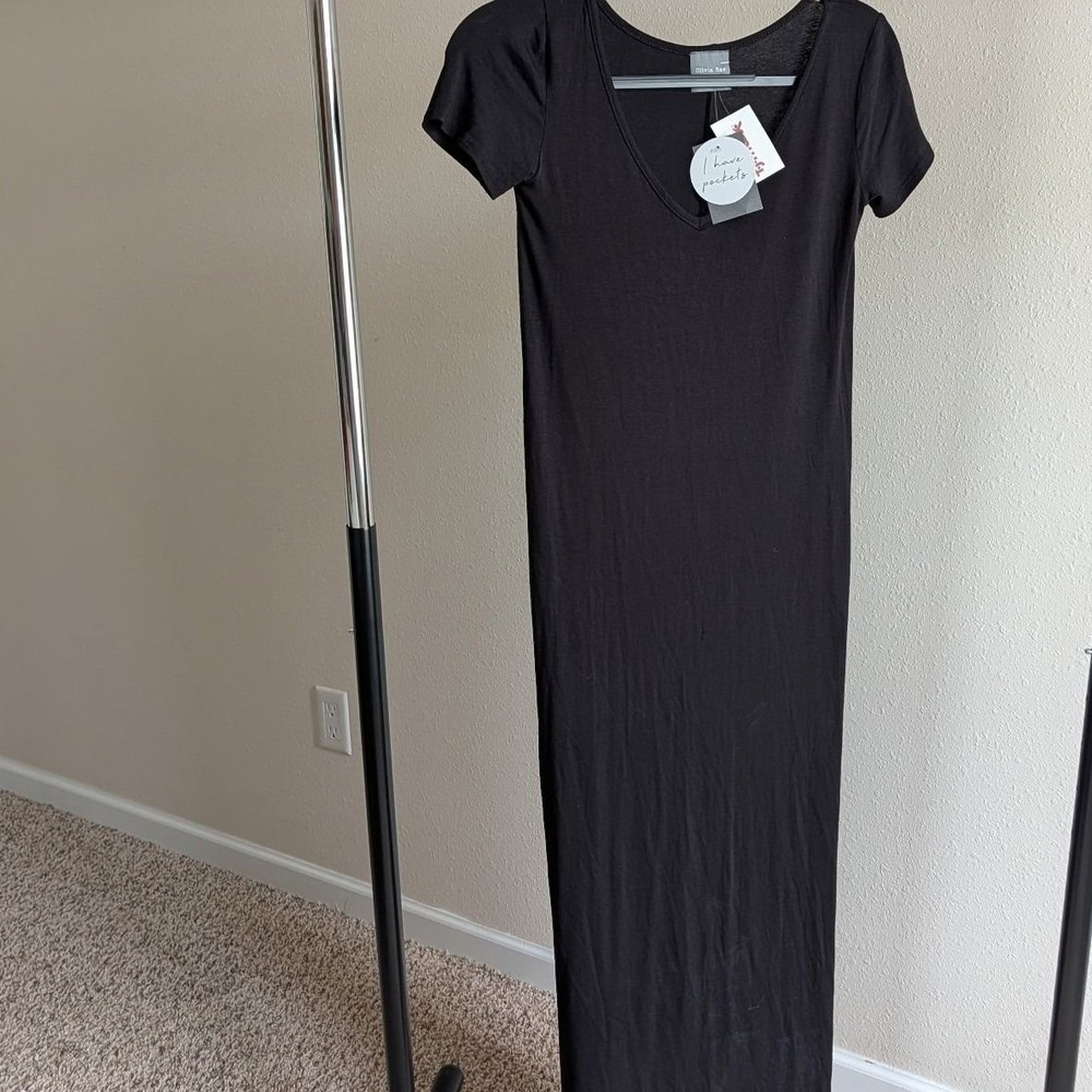 Olivia Rae New York Womens Black V-Neck Short Sleeve Maxi Dress with Pockets XS